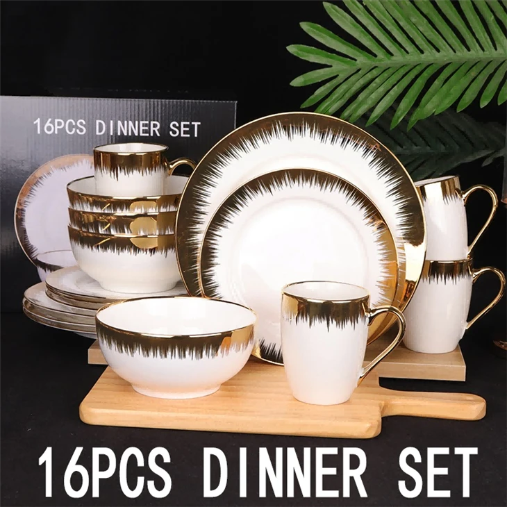 16-Piece Gold Rim Dinner Set Porcelwianware Ceramic Tableware