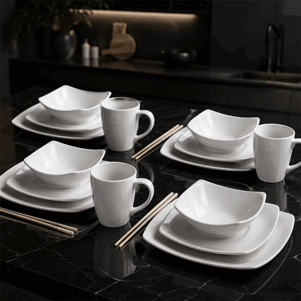 16 Piece Square Shaped White Porcelain Dinnerware Set factory