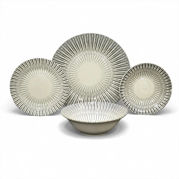 Black Radial Striped Printed Ceramic Dinnerware Set, Stoneware Bowl & Plate Tableware Set For Home Kitchen
