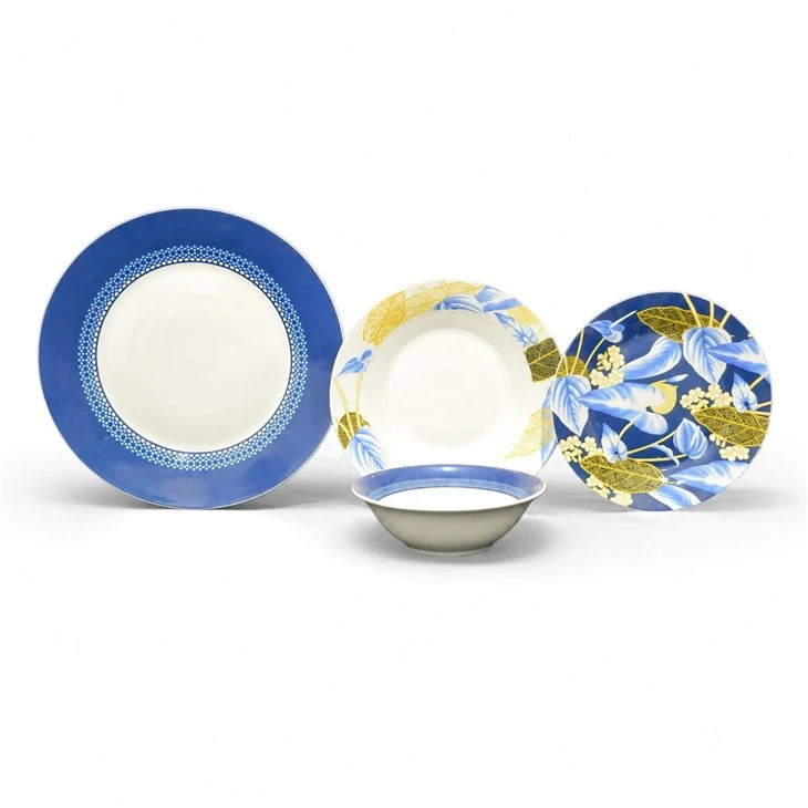 Blue & Golden Leaf Floral Ceramic Dinnerware Set, Elegant Porcelain Plates & Bowl For Home Dining