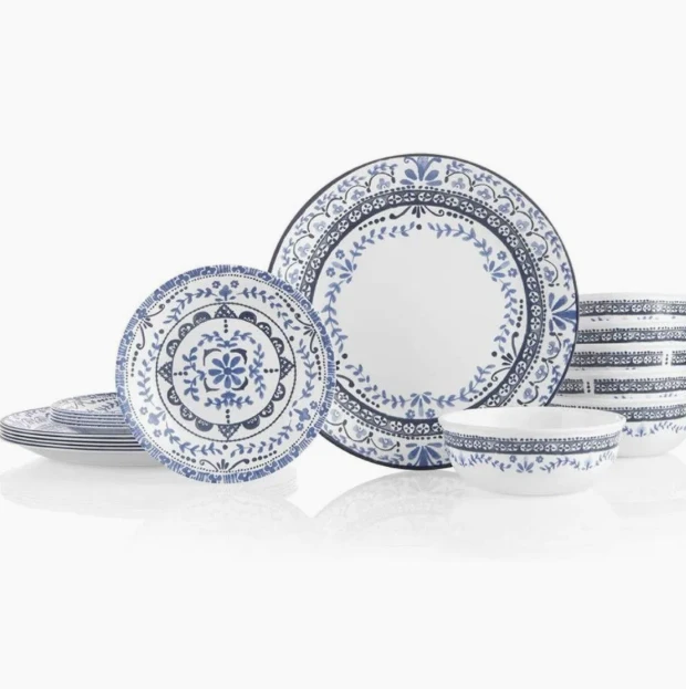 Blue White Contemporary Floral Printed Ceramic Dinnerware Set