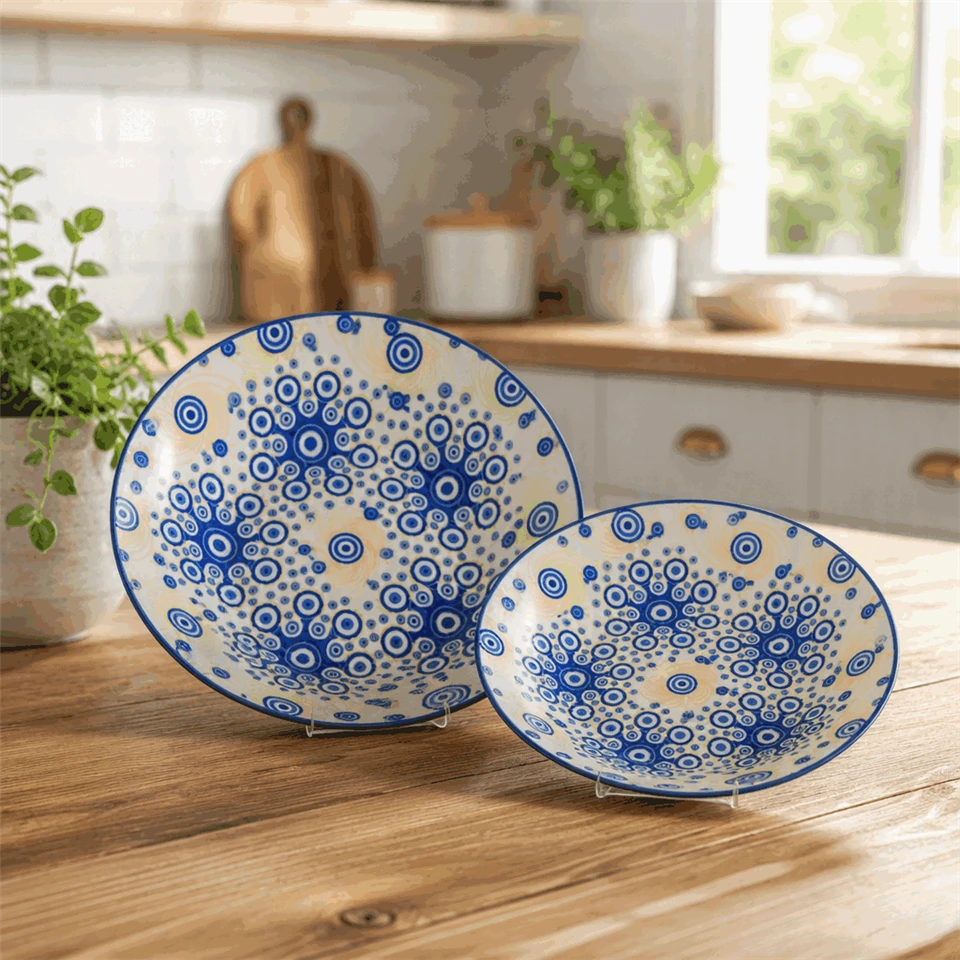 Bohemian Blue Concentric Circles Ceramic Dinnerware Set