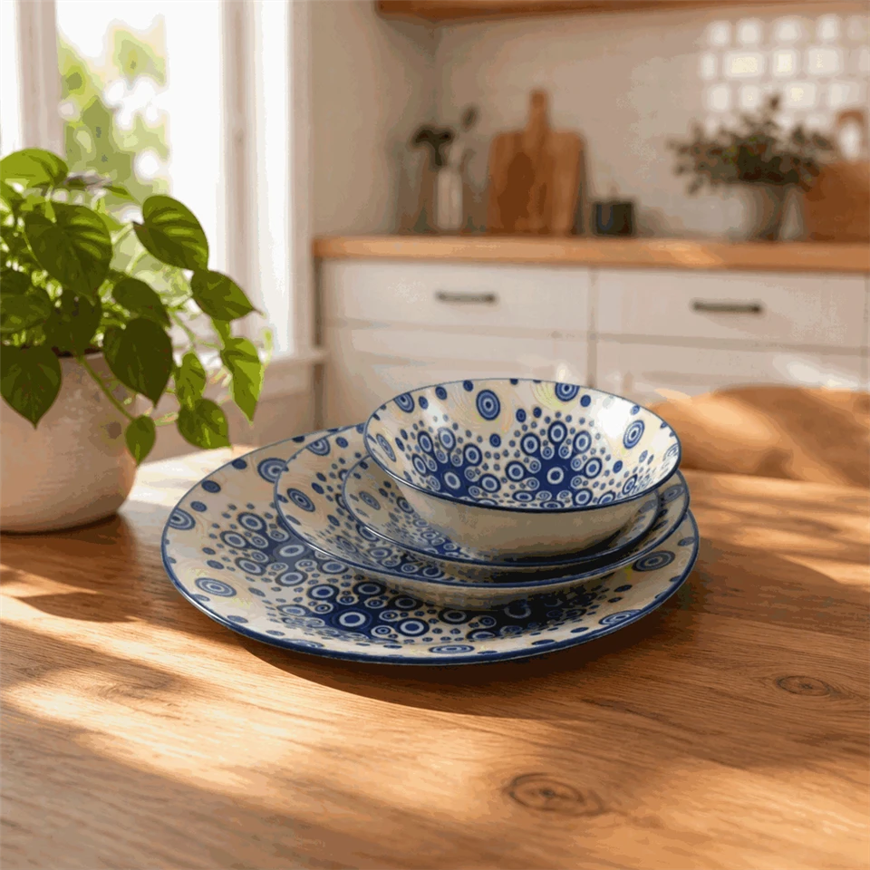Bohemian Blue Concentric Circles Ceramic Dinnerware Set factory