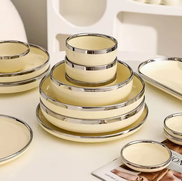 Ceramic Dinner Ware Set With Stylish Silver Accents high quality