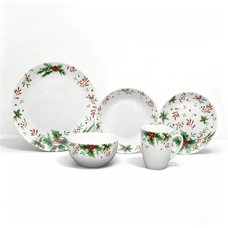 Christmas Holly Decal Printed Ceramic Dinnerware Set, Holiday Porcelain Plates Bowls Mugs Tableware For Xmas Wholesale suppliers