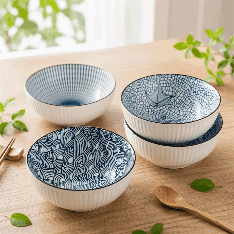 Embossed Ceramic Ramen Bowl Set