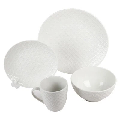 White Porcelain Embossed Ceramic Tableware Set.