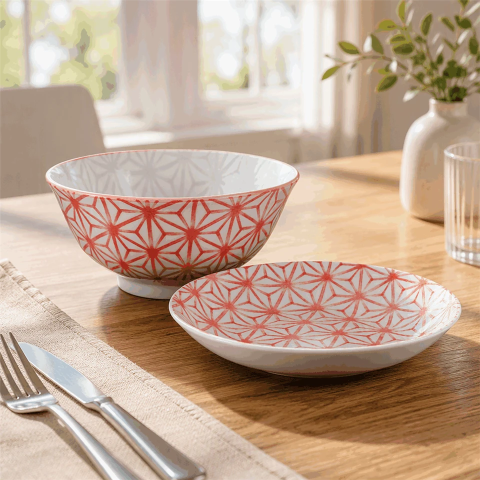 Japandi Style Red Asanoha Print Porcelain Tableware factory