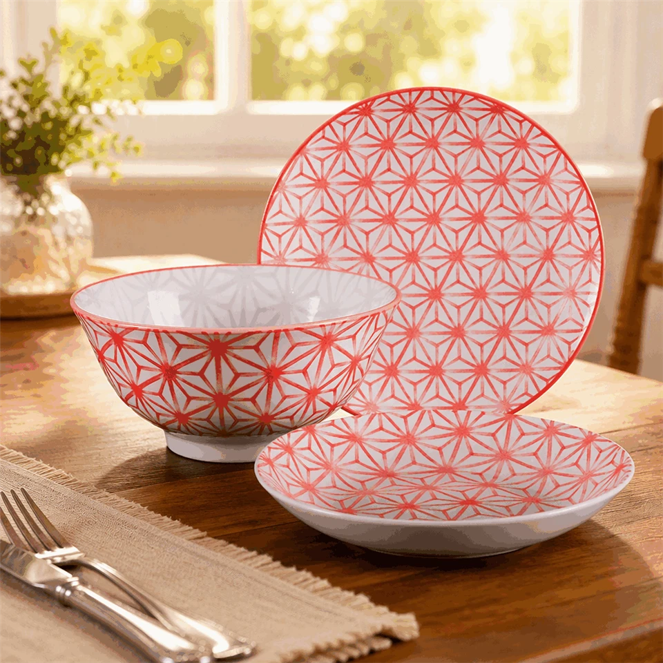 Japandi Style Red Asanoha Print Porcelain Tableware