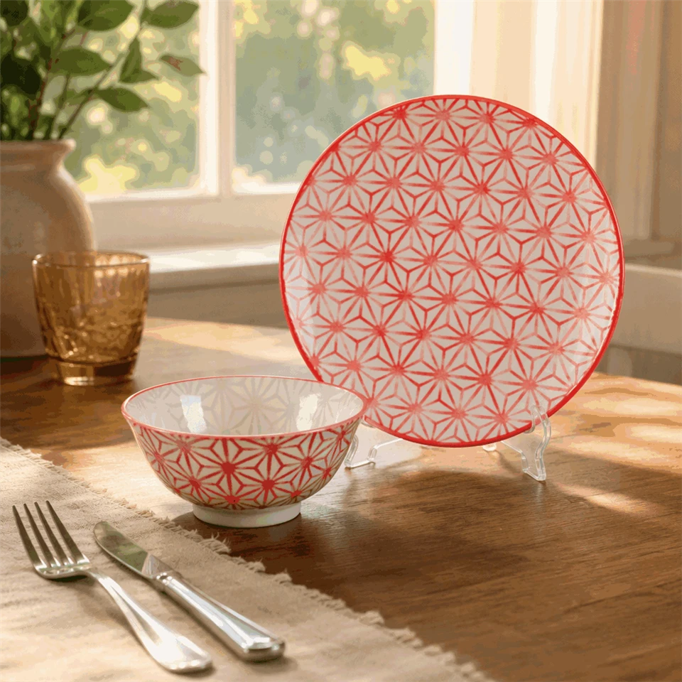 Japandi Style Red Asanoha Print Porcelain Tableware suppliers