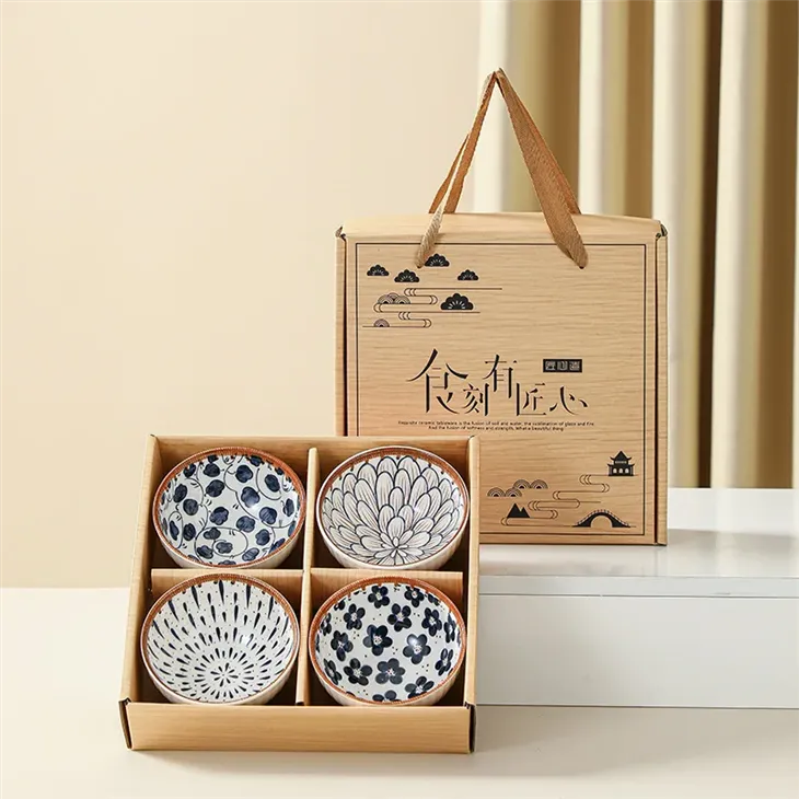 Japanese Indigo Floral Ceramic Rice Bowl Gift Set factory