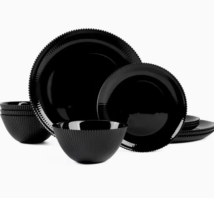 Luxury Vertical Stripe Black Ribbed Opal Glassware Dinner Set