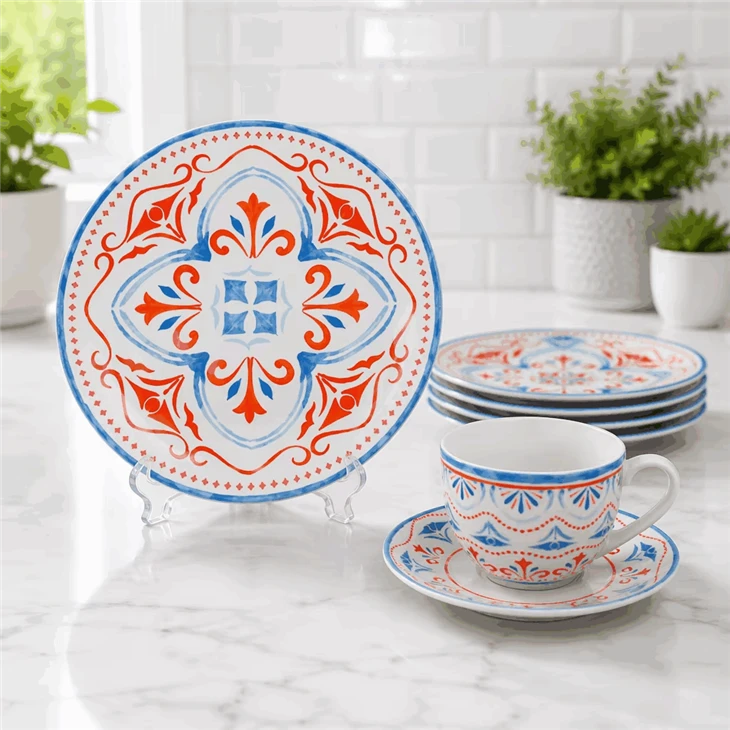 Mediterranean Bohemian Red & Blue Print Ceramic Dinner Set factory