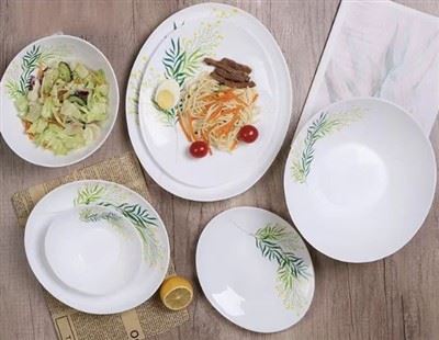 Opal Glassware Set With Green Floral Decal
