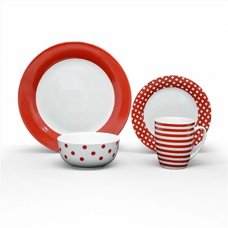 Red White Geometric Decal Ceramic Dinnerware Set, Stripes Dots Check Pattern Porcelain Plates Bowl Mug