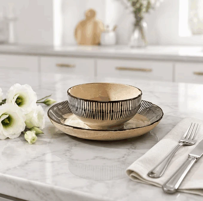 Rustic Japanese-Inspired Vintage Vertical Line Stoneware Dinner Set factory
