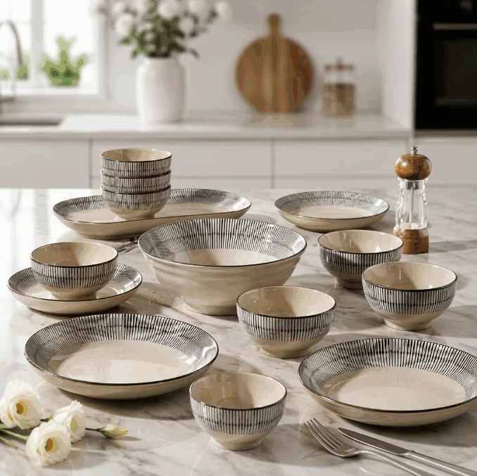 Rustic Japanese-Inspired Vintage Vertical Line Stoneware Dinner Set
