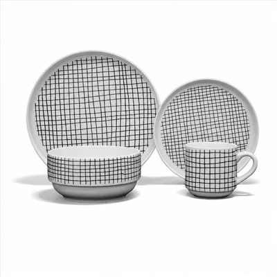 Black Grid Ceramic Dinnerware Set, Modern White Porcelain Plates Bowls Mugs For Kitchen Dining Table