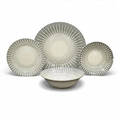 Black Radial Striped Printed Ceramic Dinnerware Set, Stoneware Bowl & Plate Tableware Set For Home Kitchen