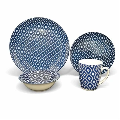 Blue White Geometric Diamond Printed Stoneware Dinnerware Set, Ceramic Plate Bowl Mug Tableware Set For Household