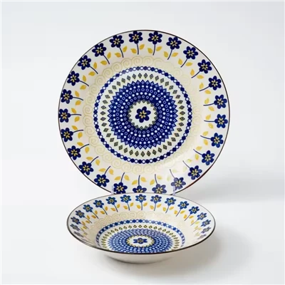 Bohemian Style Ceramic Plate Set Blue And Yellow Floral Pattern