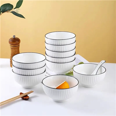 Modern Fluted Ceramic Soup Bowl With Black Edge