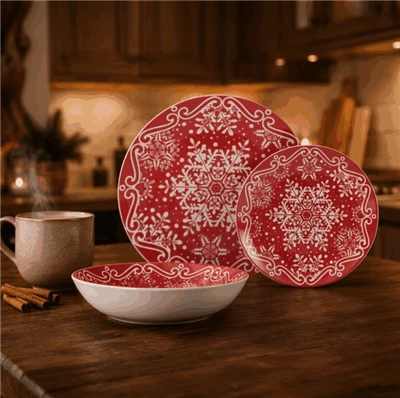 Festive Christmas Red Snowflake Ceramic Dinnerware Set