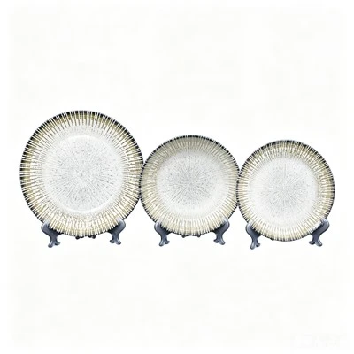 Handcrafted Stoneware Decorative Plate Set Of 3, Gold Sunburst Pattern Wall Display Plates For Home & Hotel Decor