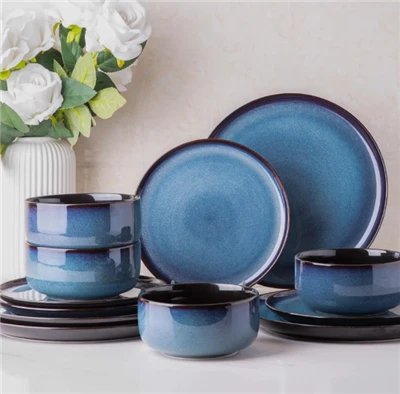 Hot‑selling Blue Reactive Colored Glaze Stoneware Dinnerware Set