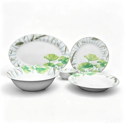 Lotus Leaf & Bamboo Decal Porcelain Dinnerware Set, Oriental Green Plant Ceramic Plates Bowls Wholesale