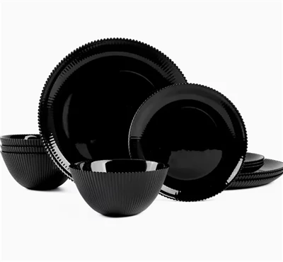 Luxury Vertical Stripe Black Ribbed Opal Glassware Dinner Set