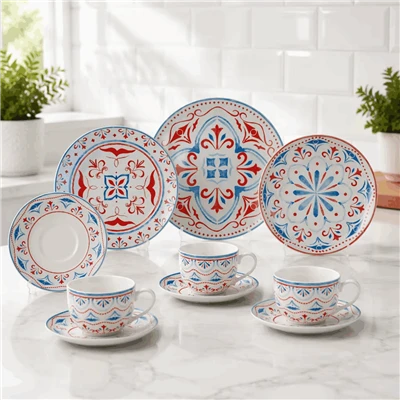 Mediterranean Bohemian Red & Blue Print Ceramic Dinner Set