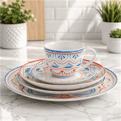Mediterranean Bohemian Red & Blue Print Ceramic Dinner Set