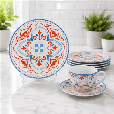 Mediterranean Bohemian Red & Blue Print Ceramic Dinner Set