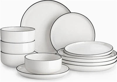 White Ceramic Dinnerware Set With Thin Black Rim