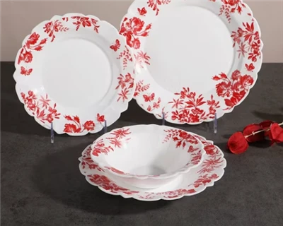 Opal Glass Dinner Set With Red Flower