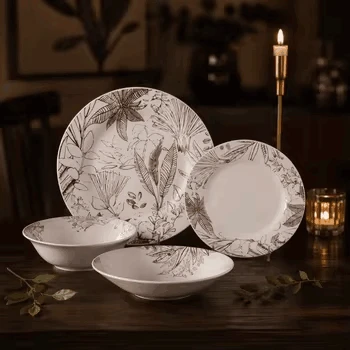 Vintage Floral Line Art Porcelain Dinner Tableware
