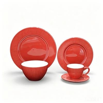 Red Ribbed Stoneware Dinnerware Set, Ceramic Plate Bowl Cup & Saucer 5 Pcs With Vertical Texture For Home & Restaurant