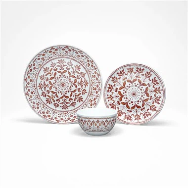 Rust Red Mandala Floral Pattern Ceramic Dinnerware Set Plates And Bowls