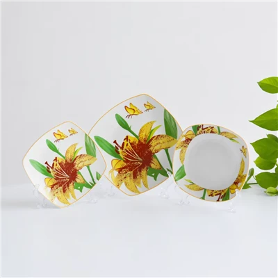 Square Ceramic Tableware Set Yellow Lily And Butterfly Floral Decal