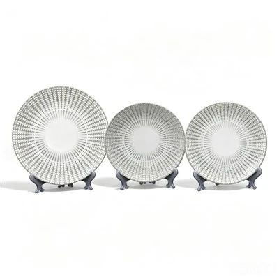 Sunburst Dot Pattern Stoneware Dinner Plates, Grey Hand Printed Ceramic Plates For Home & Restaurant Tableware