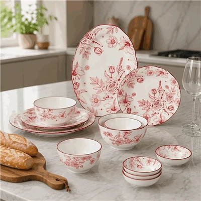 Vintage Red Flower Ceramic Dinner Set Rose Pattern Porcelain Plate & Bowl Tableware