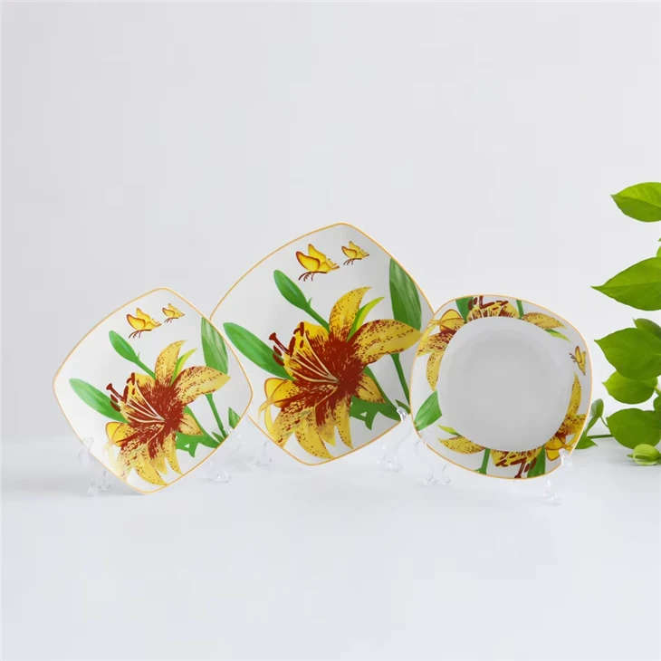 Square Ceramic Tableware Set Yellow Lily And Butterfly Floral Decal