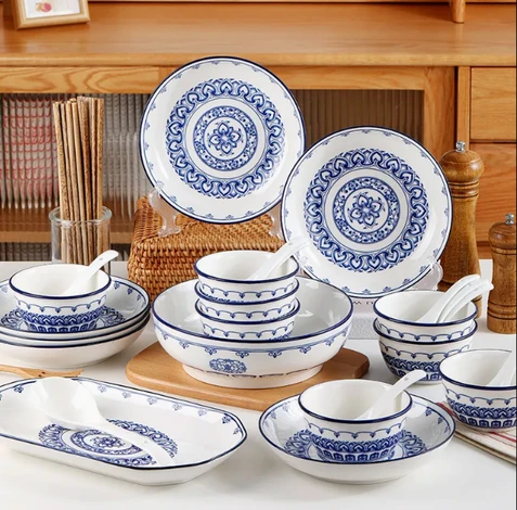 Vintage Chinese Classic Blue Floral Pattern Ceramic Dinnerware