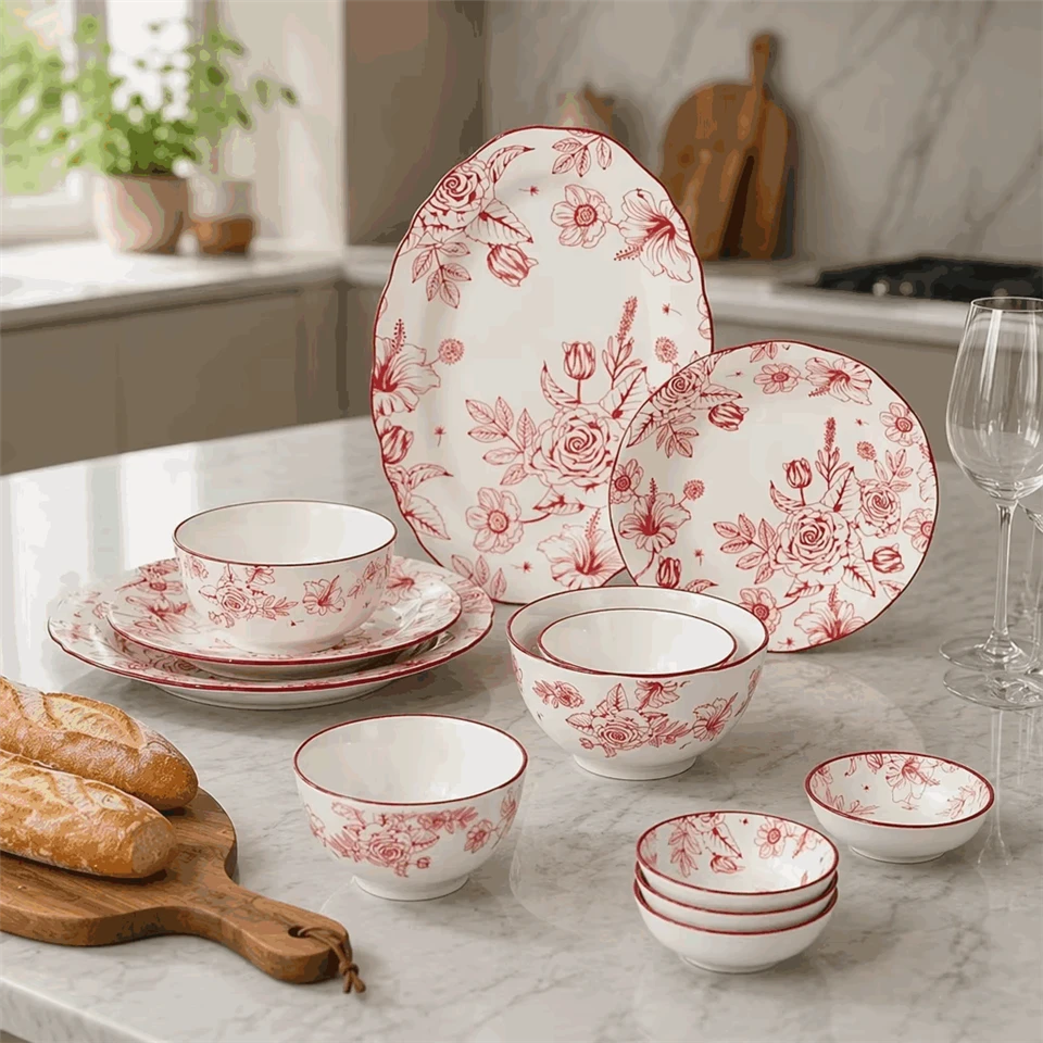 Vintage Red Flower Ceramic Dinner Set Rose Pattern Porcelain Plate & Bowl Tableware
