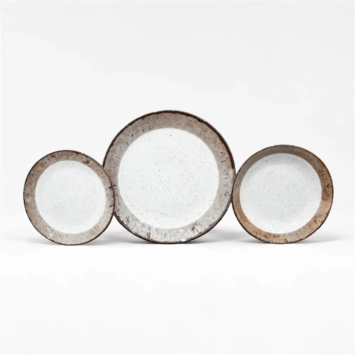 Vintage Speckled Brown Rim Printed Ceramic Plate Set