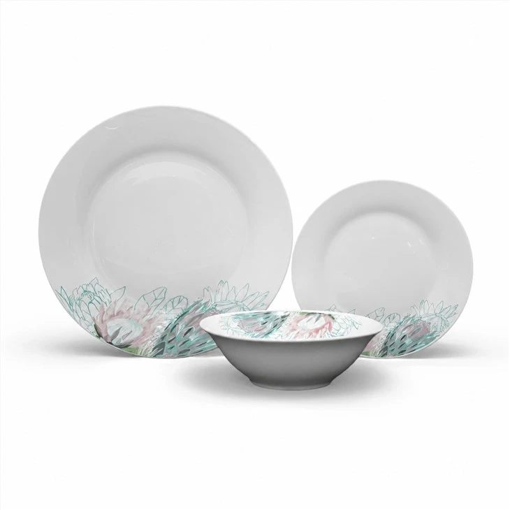 Watercolor Protea Floral Decal White Porcelain Dinnerware Set, Pink Green Flower Ceramic Plates Bowl Wholesale