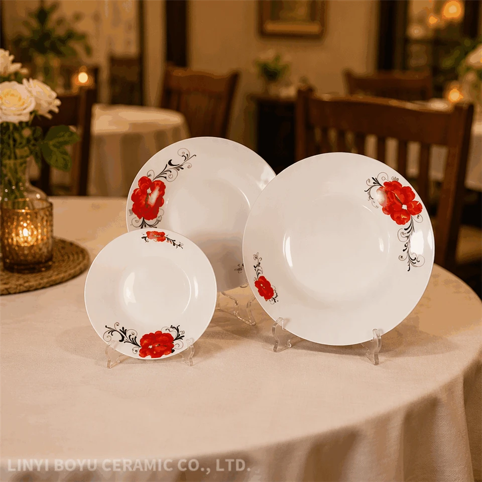 White Porcelain Dinner Plate Set Red Floral Decal Ceramic Plates suppliers
