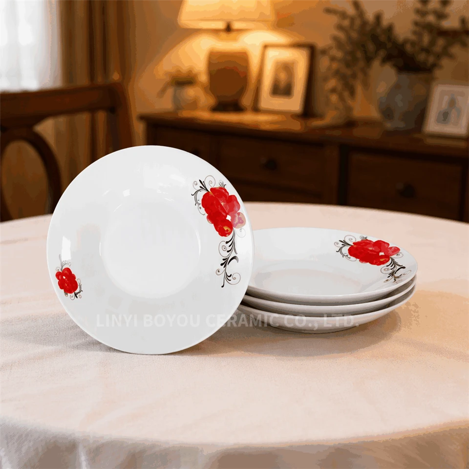 White Porcelain Dinner Plate Set Red Floral Decal Ceramic Plates factory