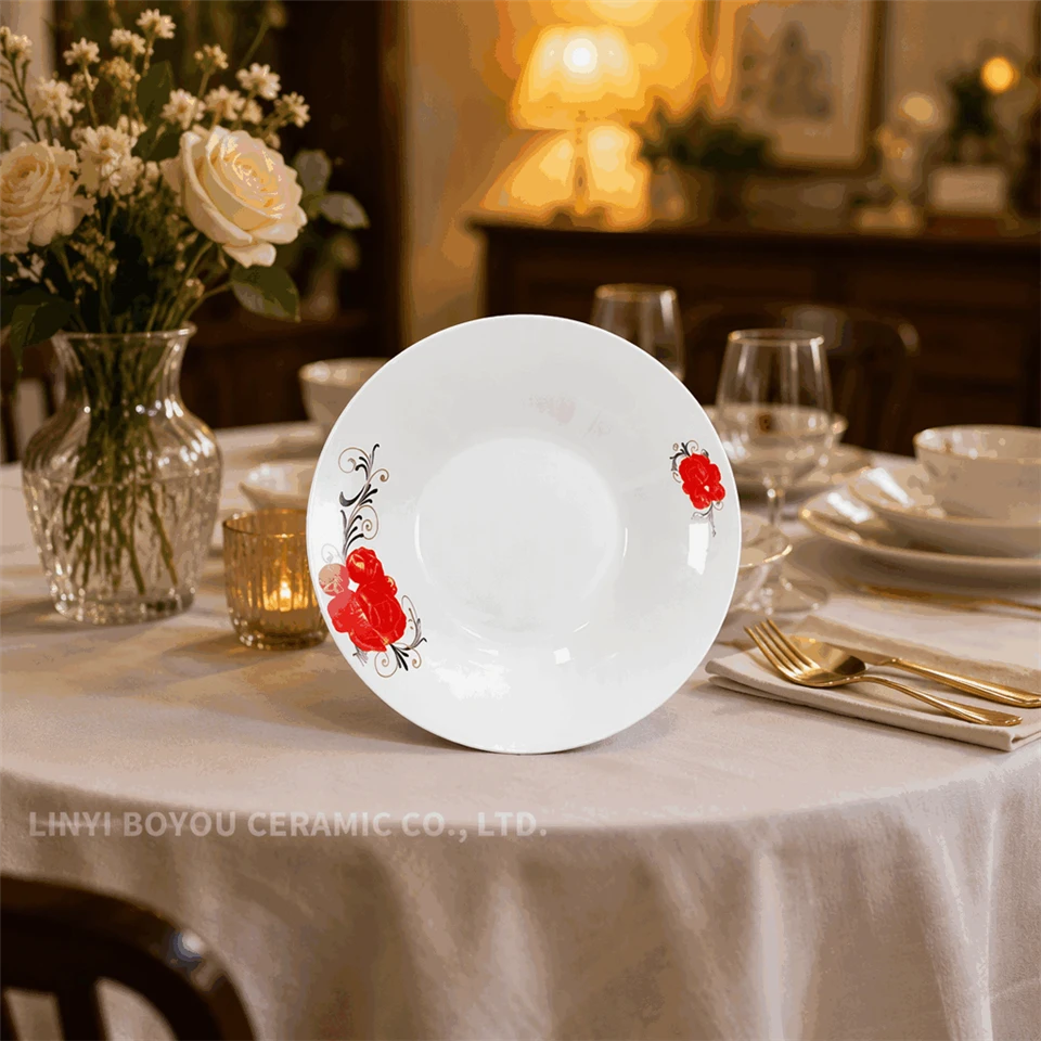 White Porcelain Dinner Plate Set Red Floral Decal Ceramic Plates best